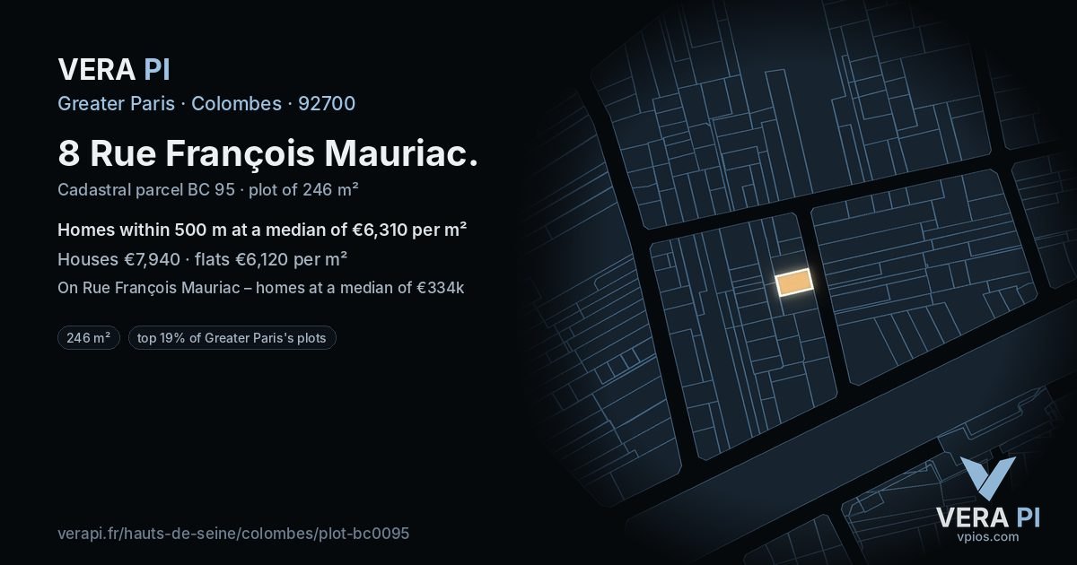 8 Rue François Mauriac, Colombes at night – the plot lit, the parcels around coloured by the prices near them