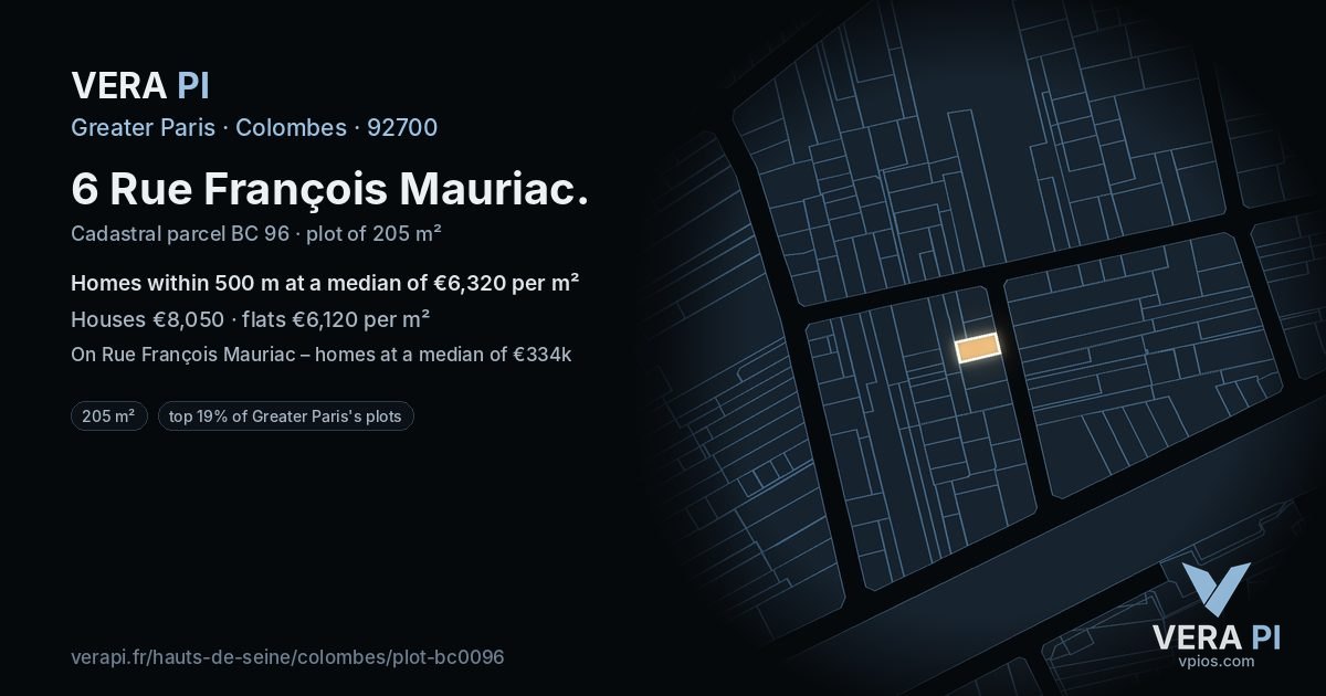 6 Rue François Mauriac, Colombes at night – the plot lit, the parcels around coloured by the prices near them