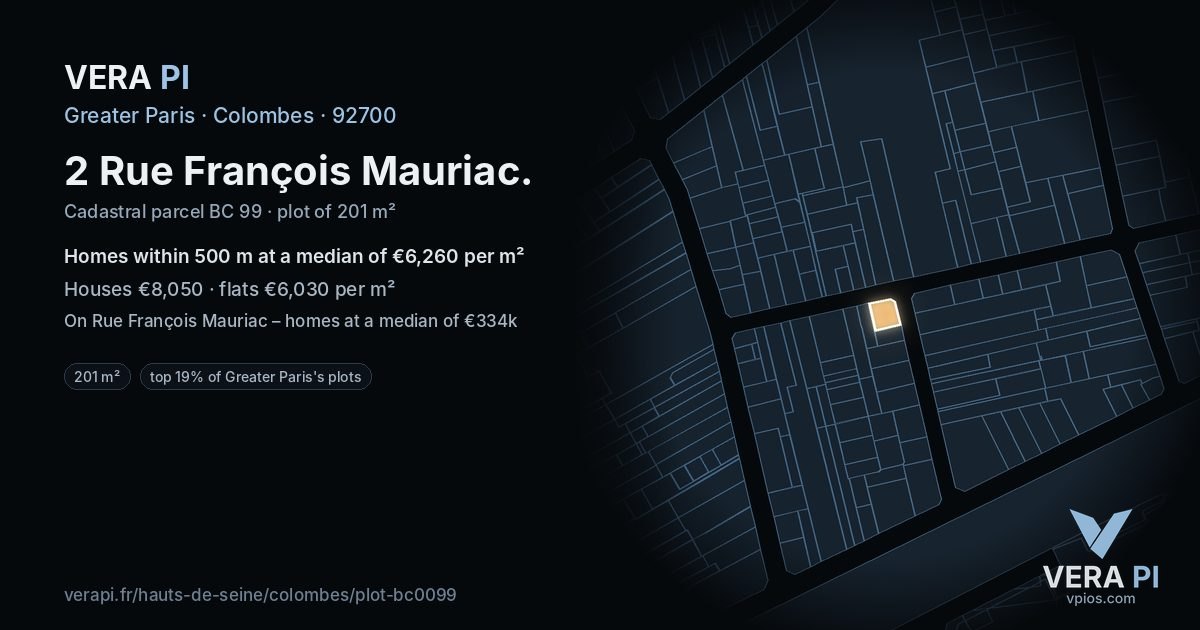 2 Rue François Mauriac, Colombes at night – the plot lit, the parcels around coloured by the prices near them