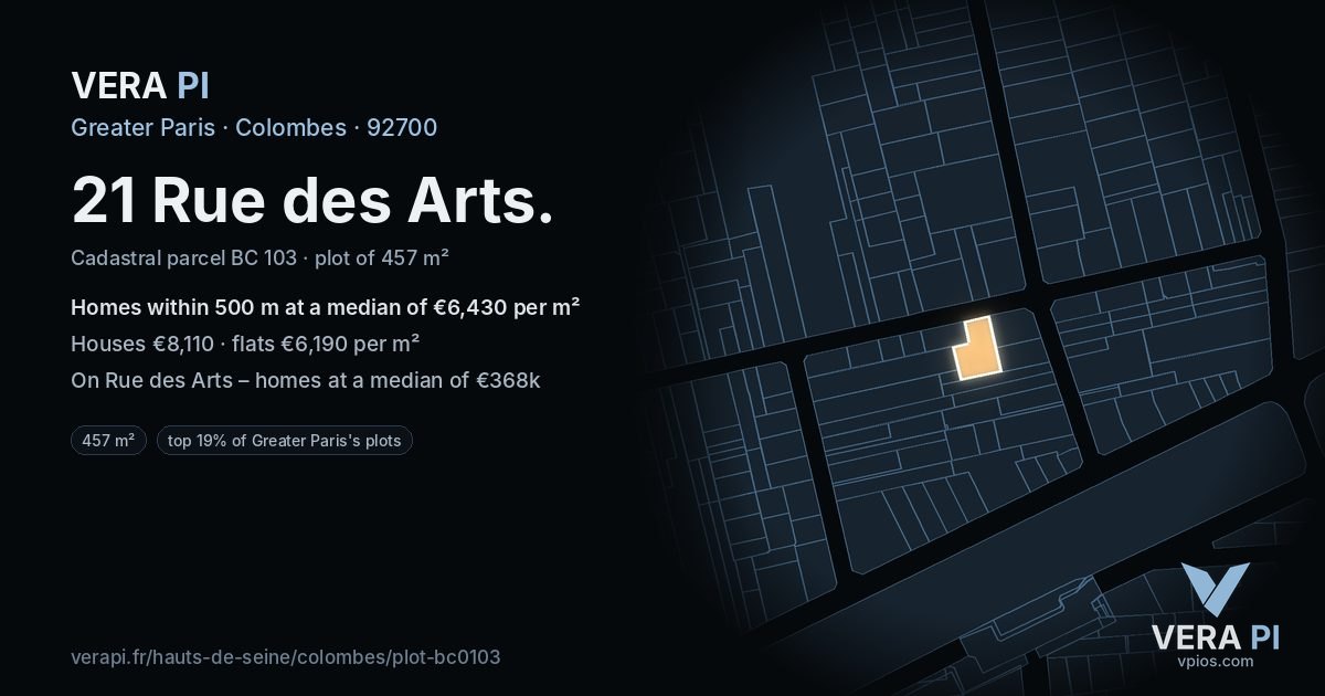 21 Rue des Arts, Colombes at night – the plot lit, the parcels around coloured by the prices near them