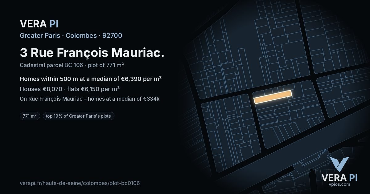 3 Rue François Mauriac, Colombes at night – the plot lit, the parcels around coloured by the prices near them