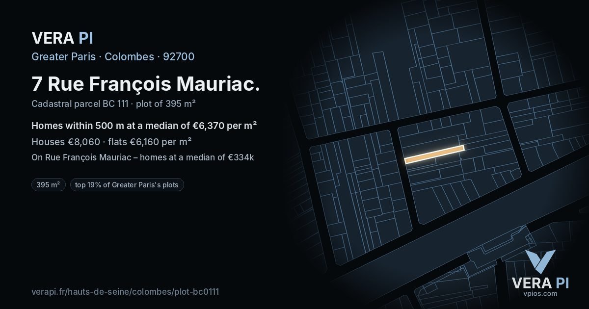7 Rue François Mauriac, Colombes at night – the plot lit, the parcels around coloured by the prices near them