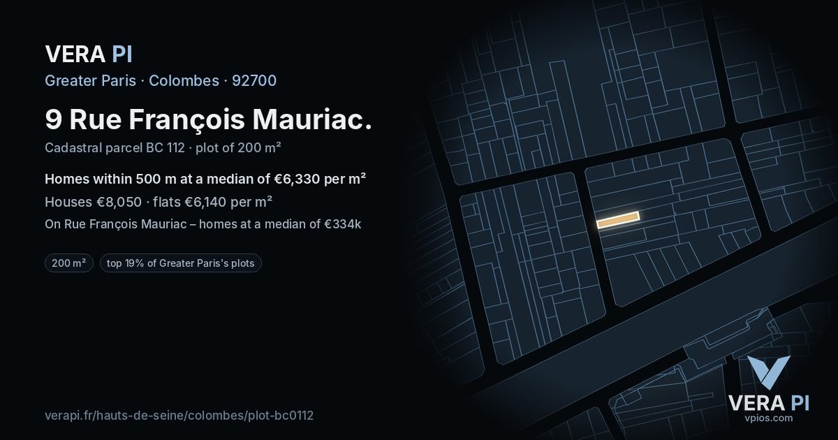 9 Rue François Mauriac, Colombes at night – the plot lit, the parcels around coloured by the prices near them