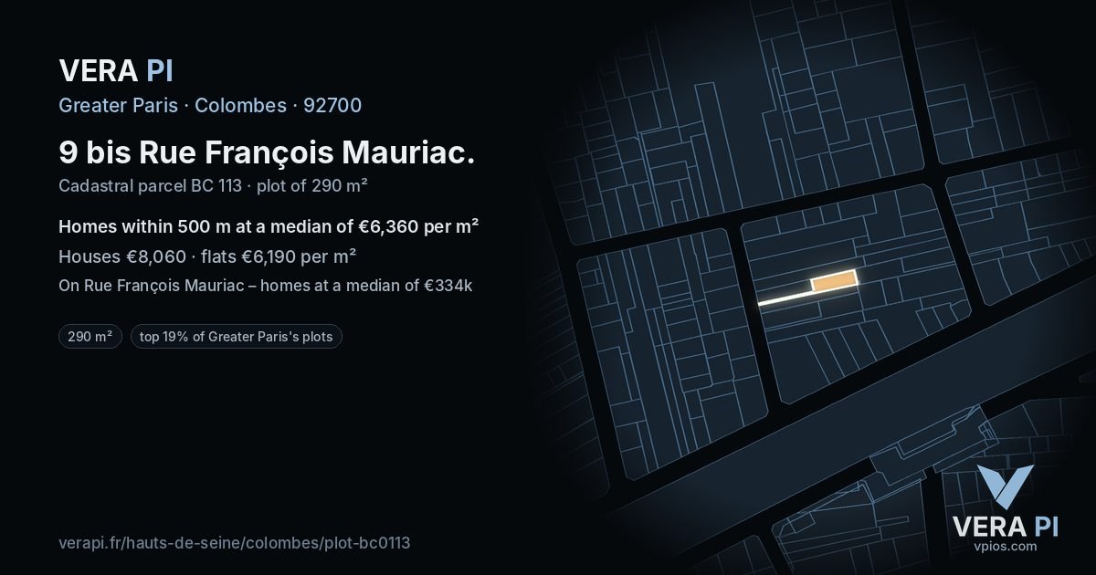 9 bis Rue François Mauriac, Colombes at night – the plot lit, the parcels around coloured by the prices near them