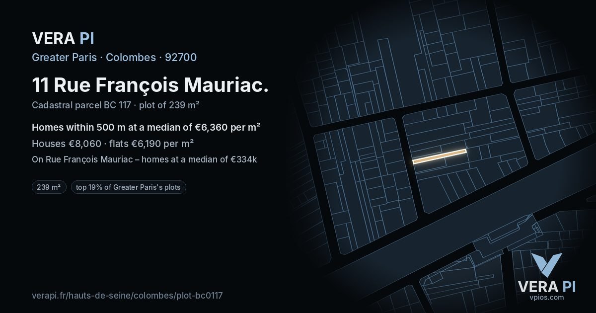 11 Rue François Mauriac, Colombes at night – the plot lit, the parcels around coloured by the prices near them