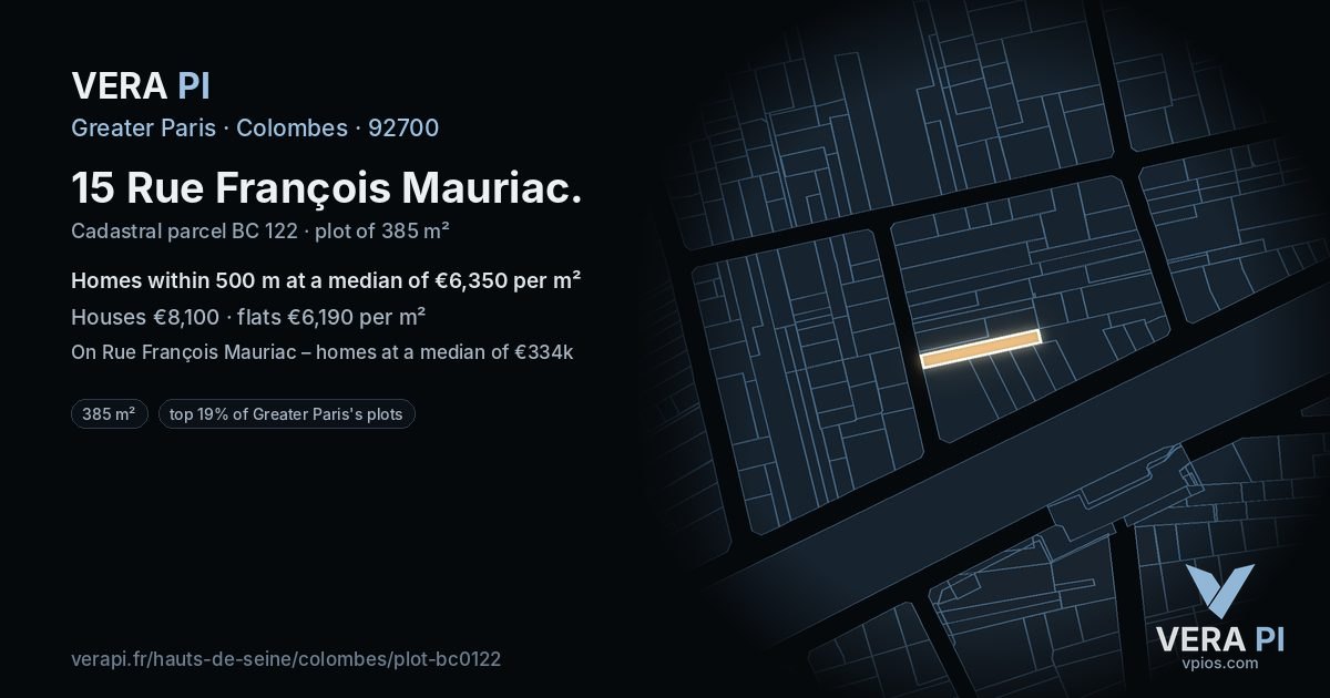 15 Rue François Mauriac, Colombes at night – the plot lit, the parcels around coloured by the prices near them