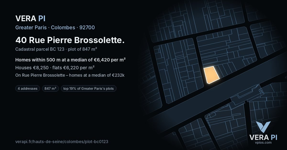 40 Rue Pierre Brossolette, Colombes at night – the plot lit, the parcels around coloured by the prices near them