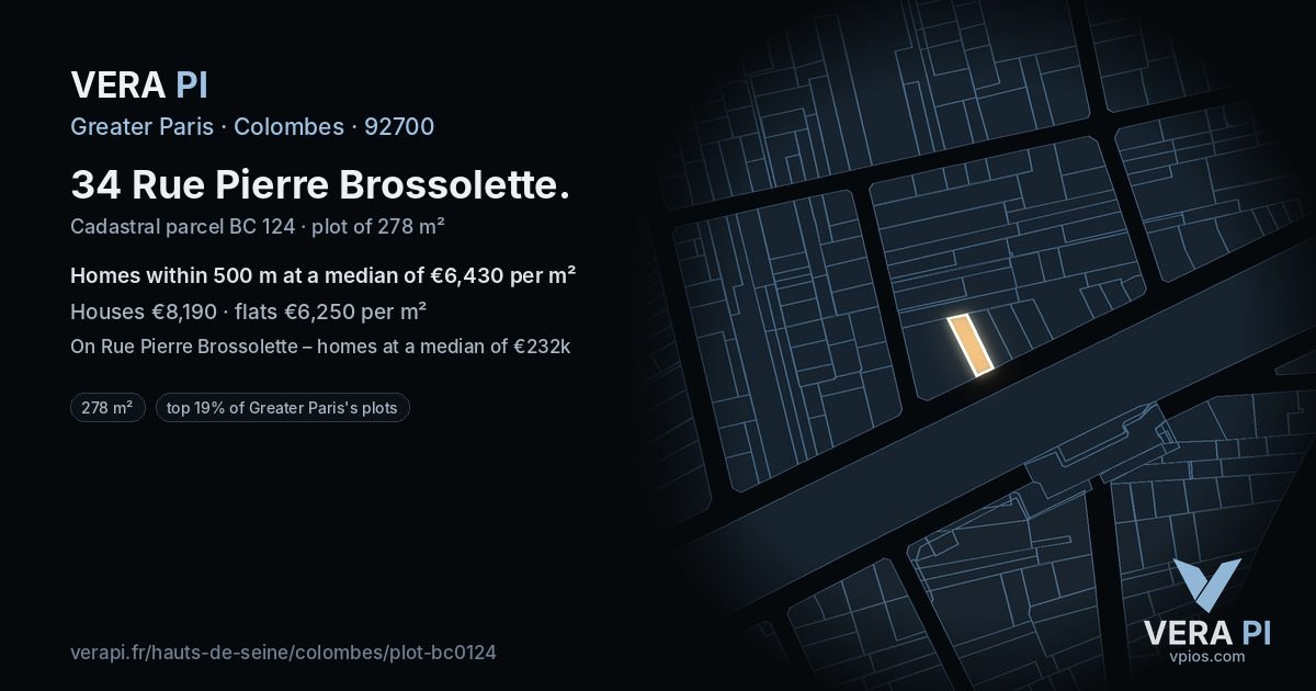34 Rue Pierre Brossolette, Colombes at night – the plot lit, the parcels around coloured by the prices near them