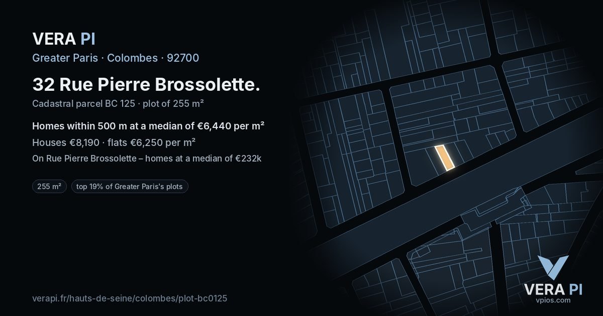 32 Rue Pierre Brossolette, Colombes at night – the plot lit, the parcels around coloured by the prices near them