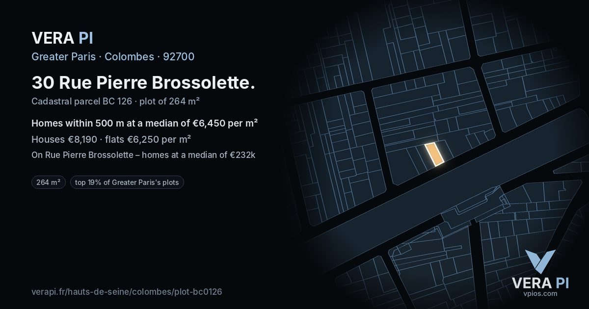 30 Rue Pierre Brossolette, Colombes at night – the plot lit, the parcels around coloured by the prices near them