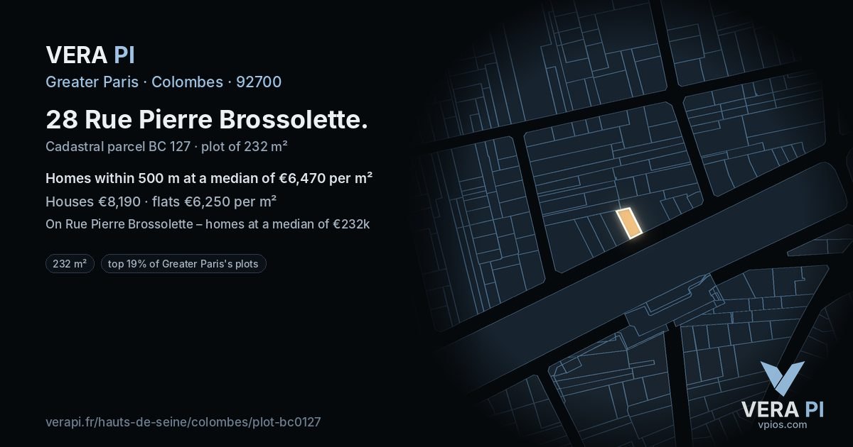 28 Rue Pierre Brossolette, Colombes at night – the plot lit, the parcels around coloured by the prices near them