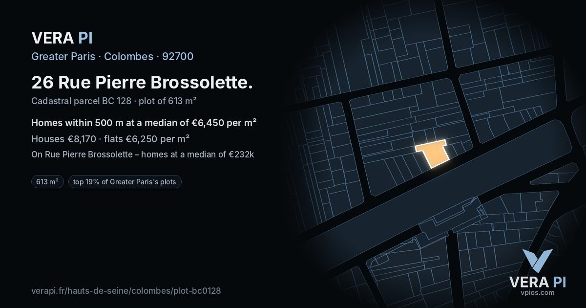 26 Rue Pierre Brossolette, Colombes at night – the plot lit, the parcels around coloured by the prices near them