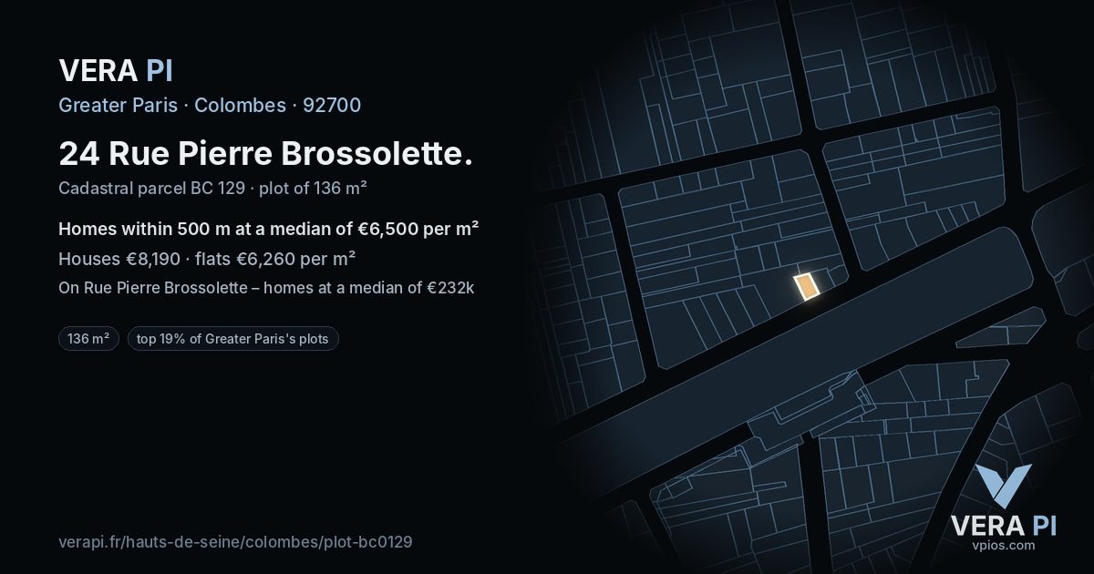 24 Rue Pierre Brossolette, Colombes at night – the plot lit, the parcels around coloured by the prices near them