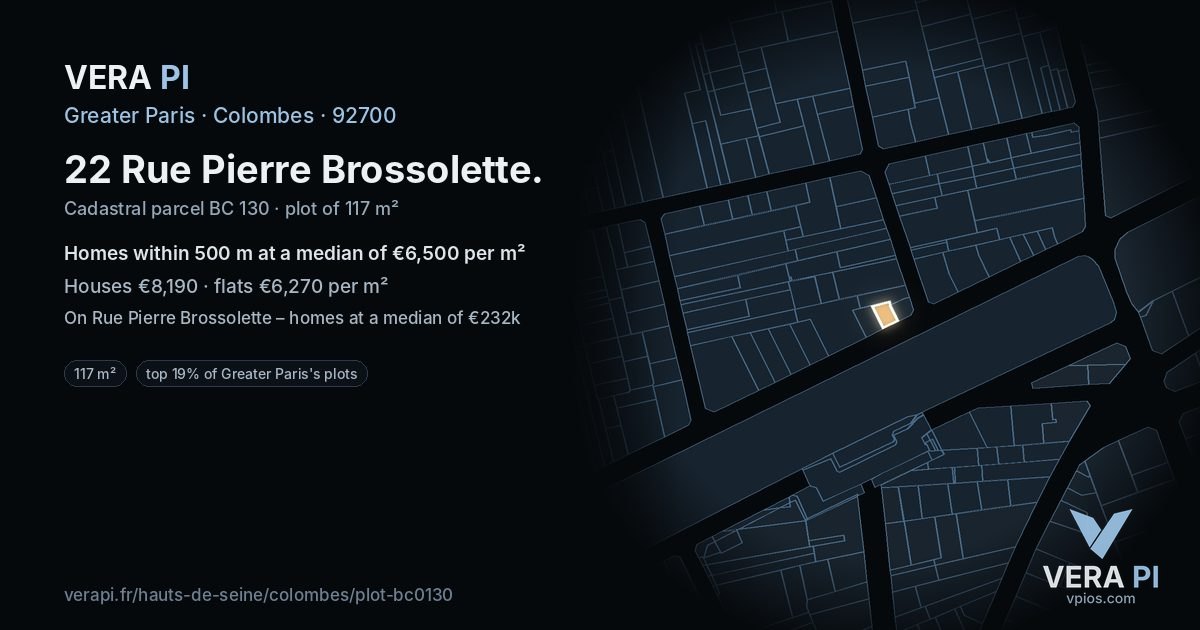 22 Rue Pierre Brossolette, Colombes at night – the plot lit, the parcels around coloured by the prices near them