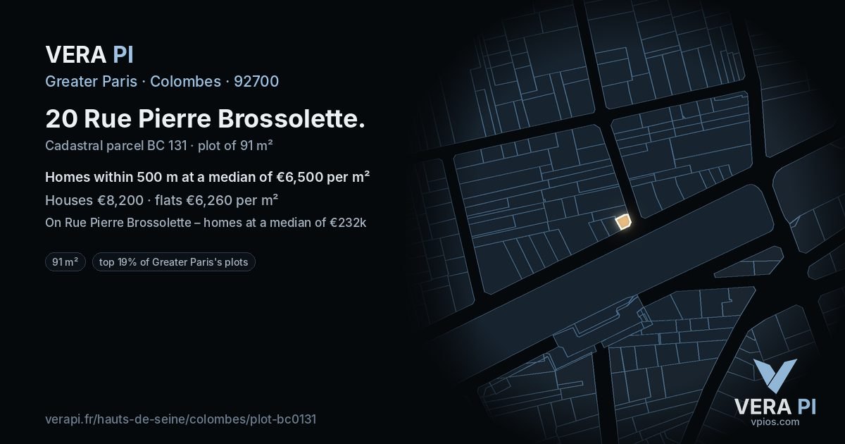 20 Rue Pierre Brossolette, Colombes at night – the plot lit, the parcels around coloured by the prices near them