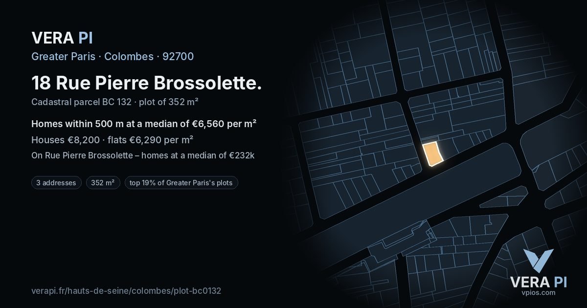 18 Rue Pierre Brossolette, Colombes at night – the plot lit, the parcels around coloured by the prices near them