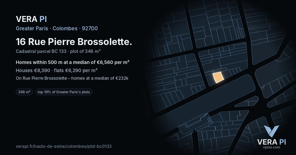 16 Rue Pierre Brossolette, Colombes at night – the plot lit, the parcels around coloured by the prices near them