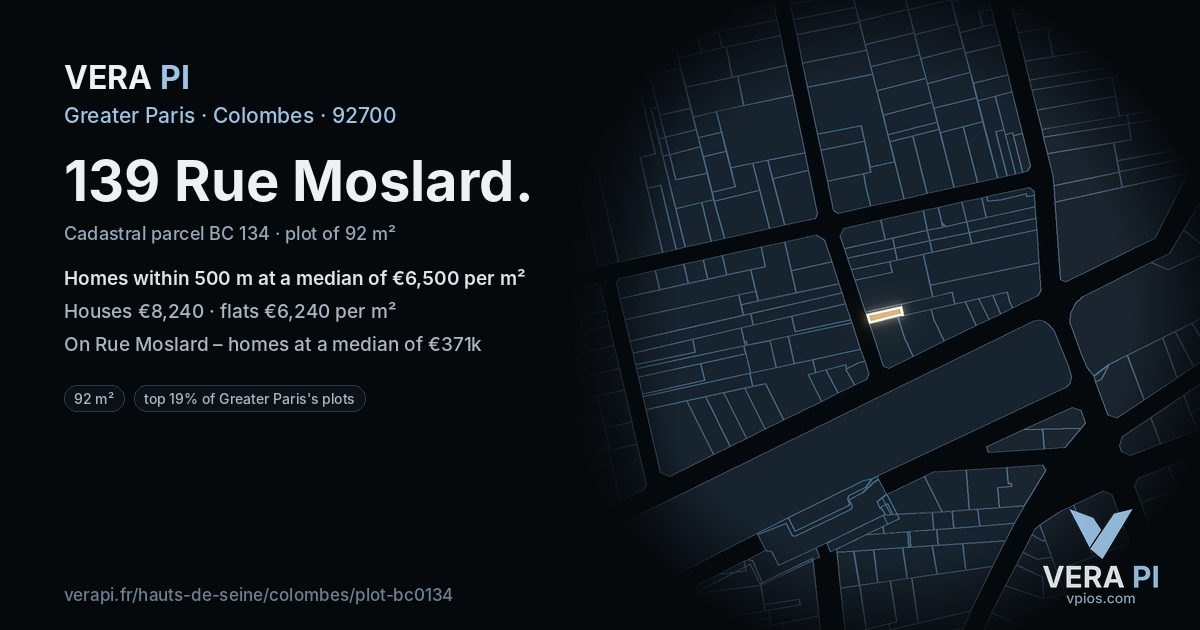 139 Rue Moslard, Colombes at night – the plot lit, the parcels around coloured by the prices near them
