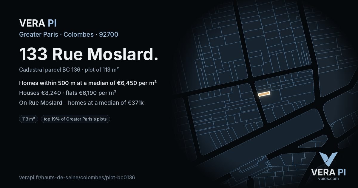 133 Rue Moslard, Colombes at night – the plot lit, the parcels around coloured by the prices near them