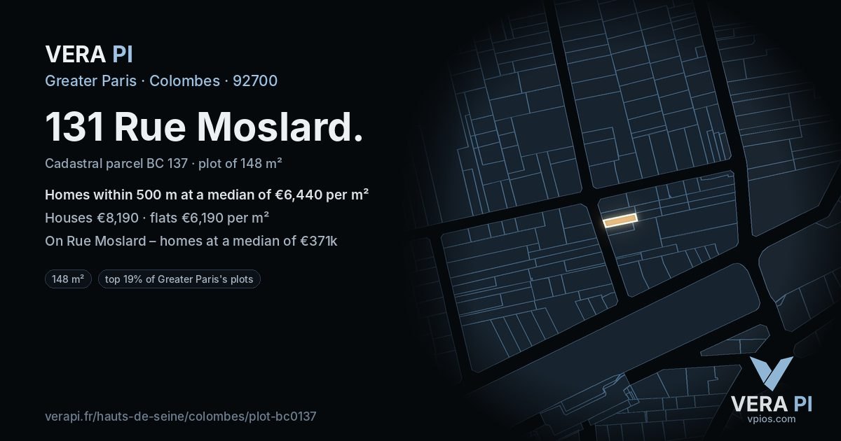 131 Rue Moslard, Colombes at night – the plot lit, the parcels around coloured by the prices near them