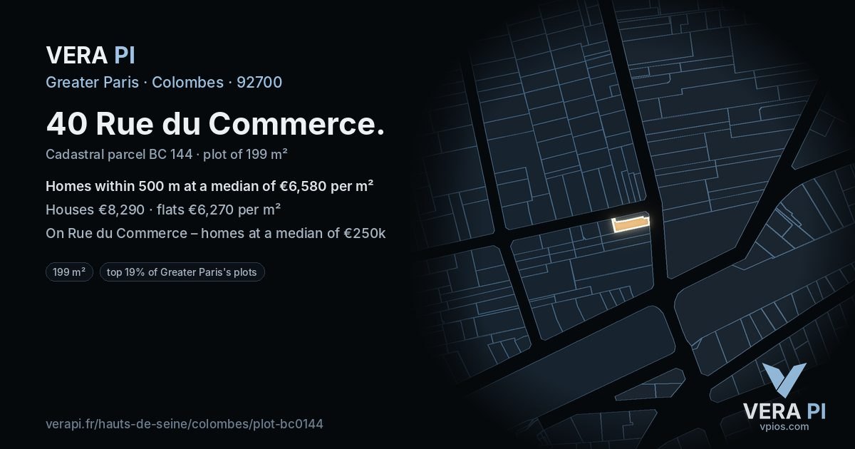 40 Rue du Commerce, Colombes at night – the plot lit, the parcels around coloured by the prices near them
