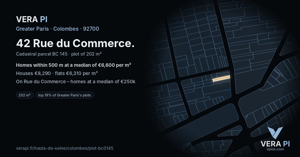 42 Rue du Commerce, Colombes at night – the plot lit, the parcels around coloured by the prices near them