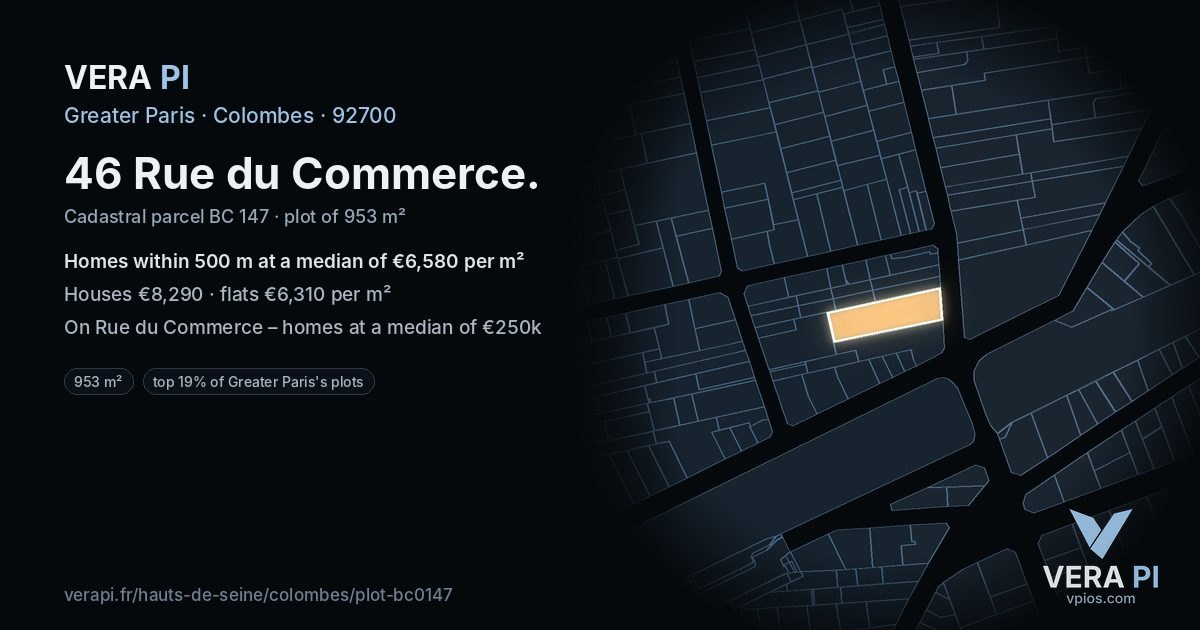 46 Rue du Commerce, Colombes at night – the plot lit, the parcels around coloured by the prices near them