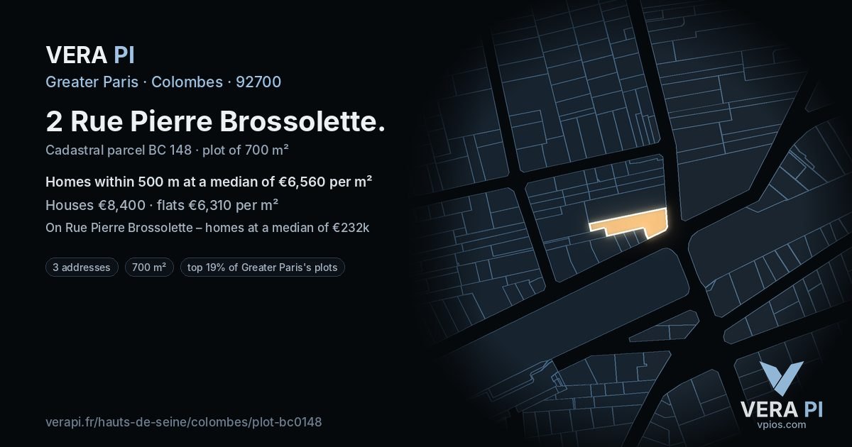 2 Rue Pierre Brossolette, Colombes at night – the plot lit, the parcels around coloured by the prices near them