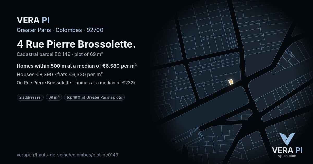 4 Rue Pierre Brossolette, Colombes at night – the plot lit, the parcels around coloured by the prices near them