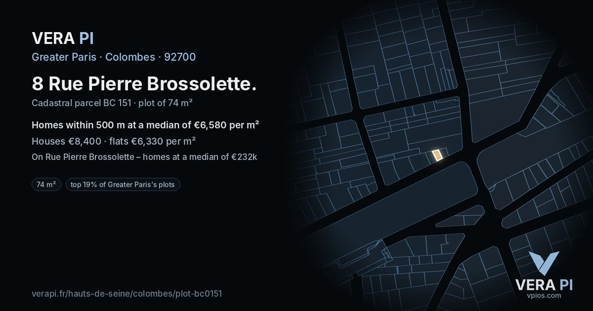 8 Rue Pierre Brossolette, Colombes at night – the plot lit, the parcels around coloured by the prices near them