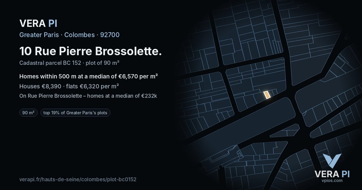 10 Rue Pierre Brossolette, Colombes at night – the plot lit, the parcels around coloured by the prices near them