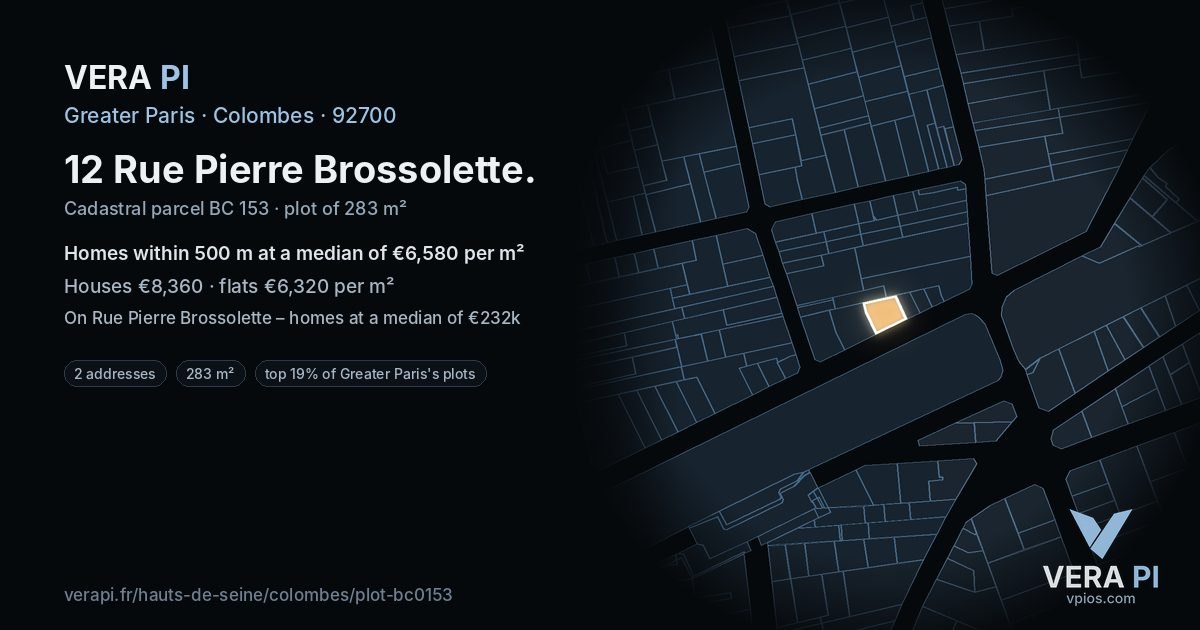 12 Rue Pierre Brossolette, Colombes at night – the plot lit, the parcels around coloured by the prices near them