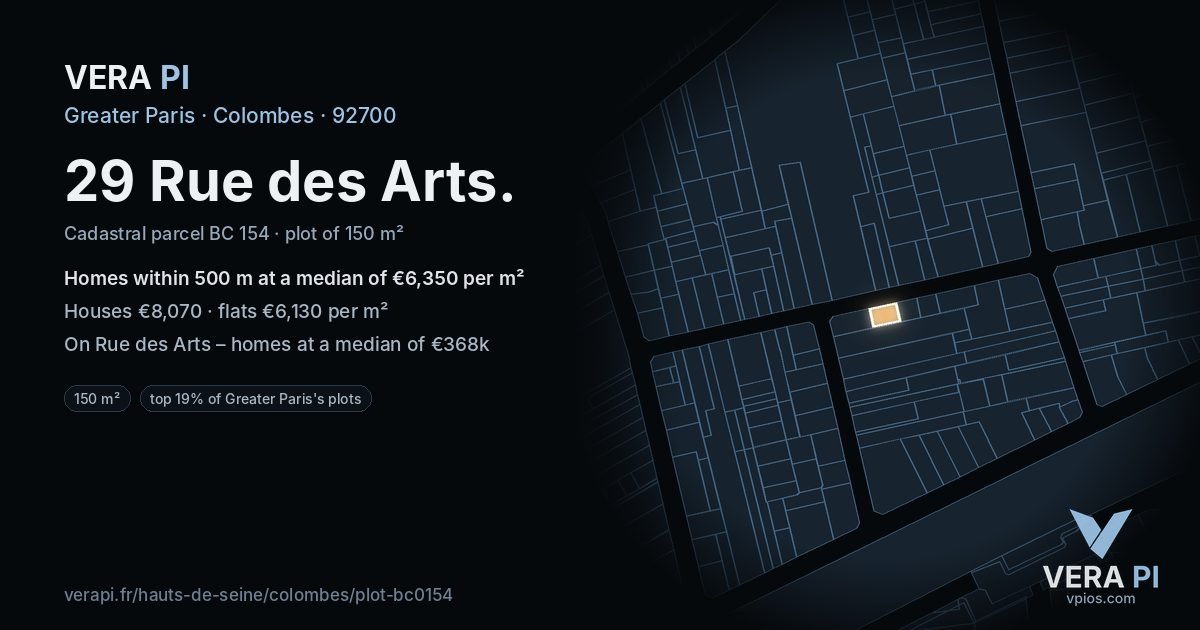 29 Rue des Arts, Colombes at night – the plot lit, the parcels around coloured by the prices near them