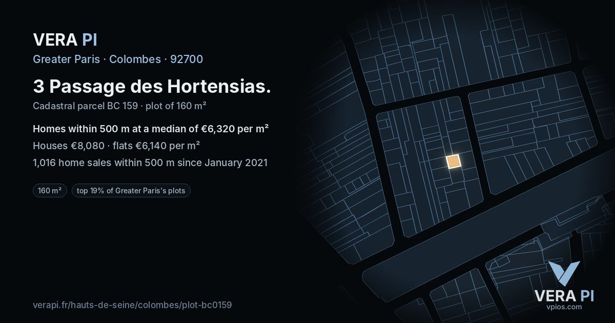 3 Passage des Hortensias, Colombes at night – the plot lit, the parcels around coloured by the prices near them