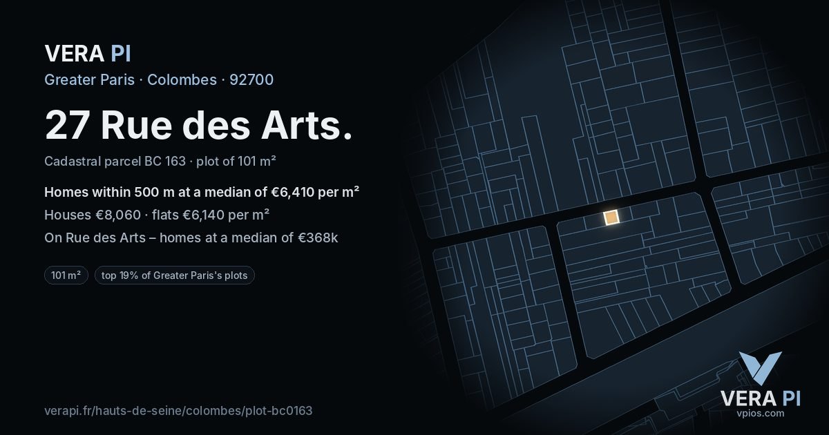 27 Rue des Arts, Colombes at night – the plot lit, the parcels around coloured by the prices near them