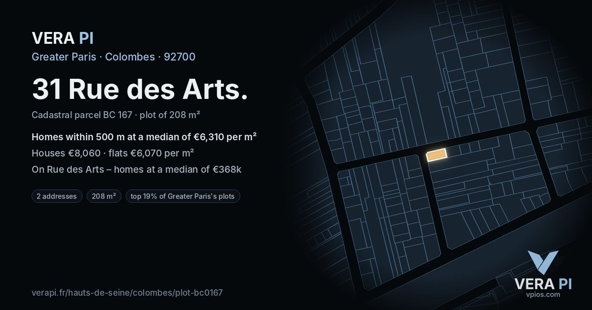 31 Rue des Arts, Colombes at night – the plot lit, the parcels around coloured by the prices near them