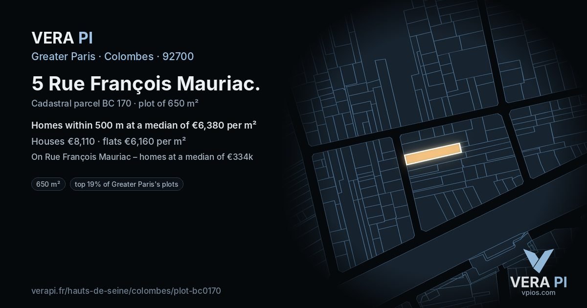 5 Rue François Mauriac, Colombes at night – the plot lit, the parcels around coloured by the prices near them