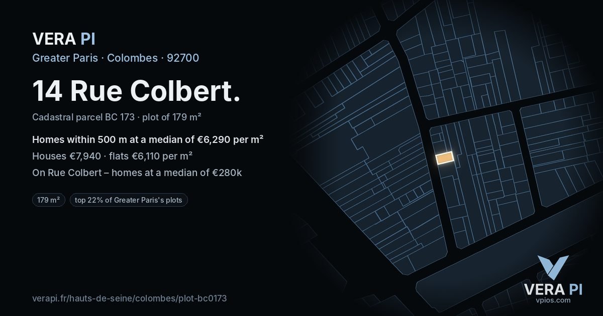 14 Rue Colbert, Colombes at night – the plot lit, the parcels around coloured by the prices near them