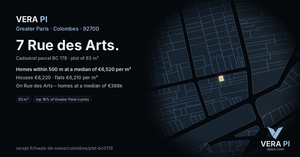 7 Rue des Arts, Colombes at night – the plot lit, the parcels around coloured by the prices near them