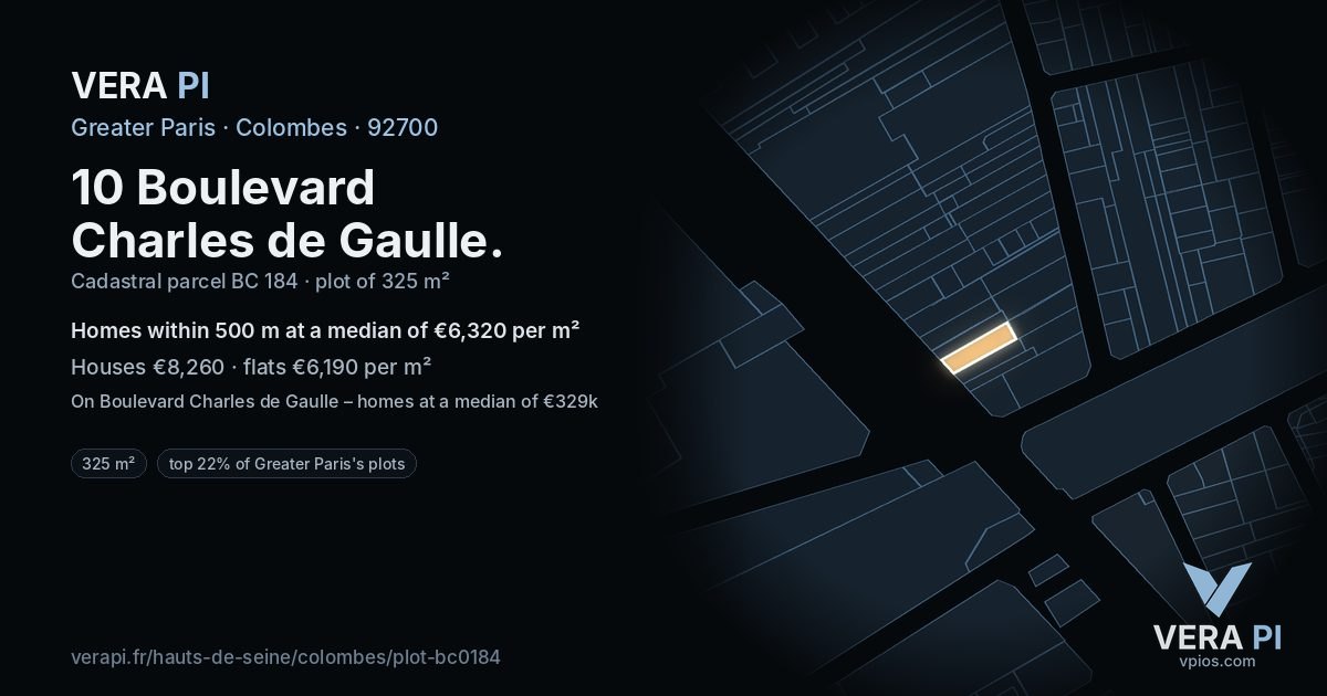 10 Boulevard Charles de Gaulle, Colombes at night – the plot lit, the parcels around coloured by the prices near them