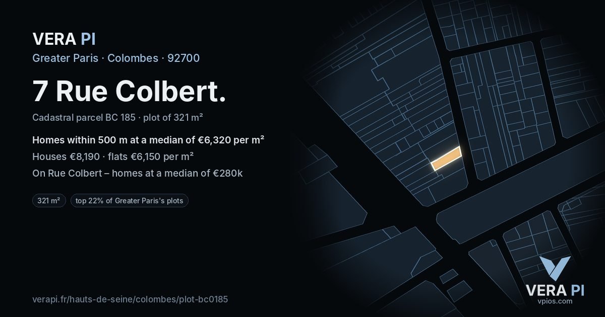 7 Rue Colbert, Colombes at night – the plot lit, the parcels around coloured by the prices near them