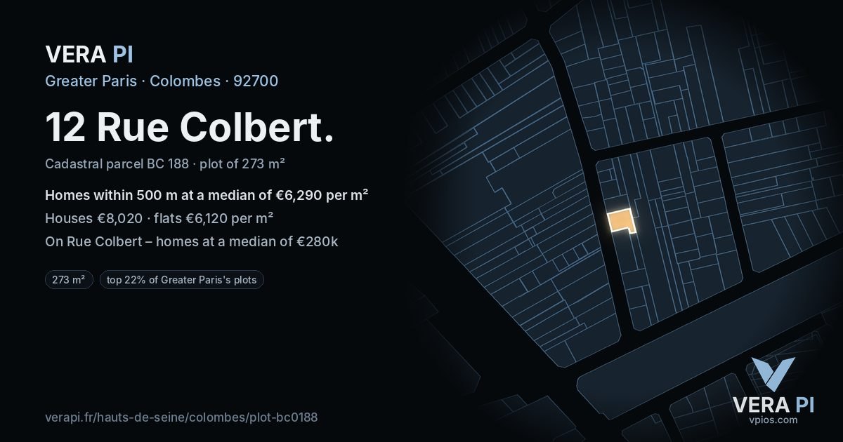 12 Rue Colbert, Colombes at night – the plot lit, the parcels around coloured by the prices near them