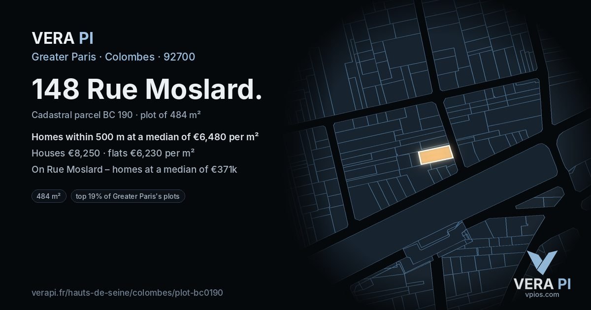 148 Rue Moslard, Colombes at night – the plot lit, the parcels around coloured by the prices near them