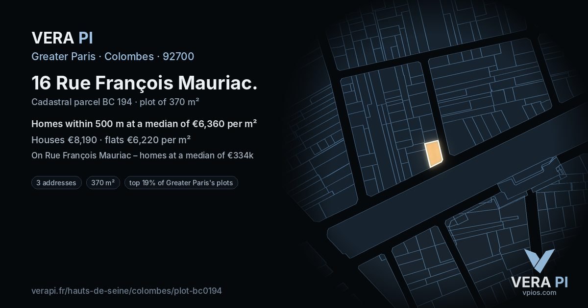 16 Rue François Mauriac, Colombes at night – the plot lit, the parcels around coloured by the prices near them