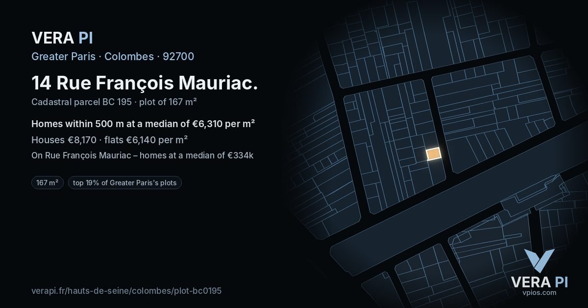 14 Rue François Mauriac, Colombes at night – the plot lit, the parcels around coloured by the prices near them