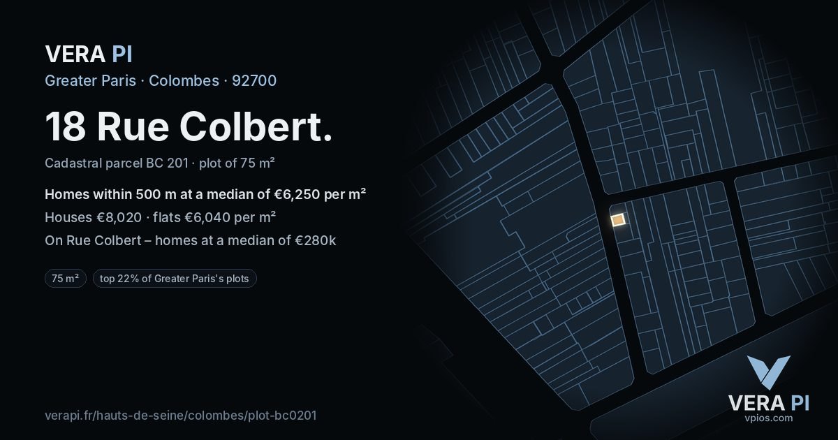 18 Rue Colbert, Colombes at night – the plot lit, the parcels around coloured by the prices near them