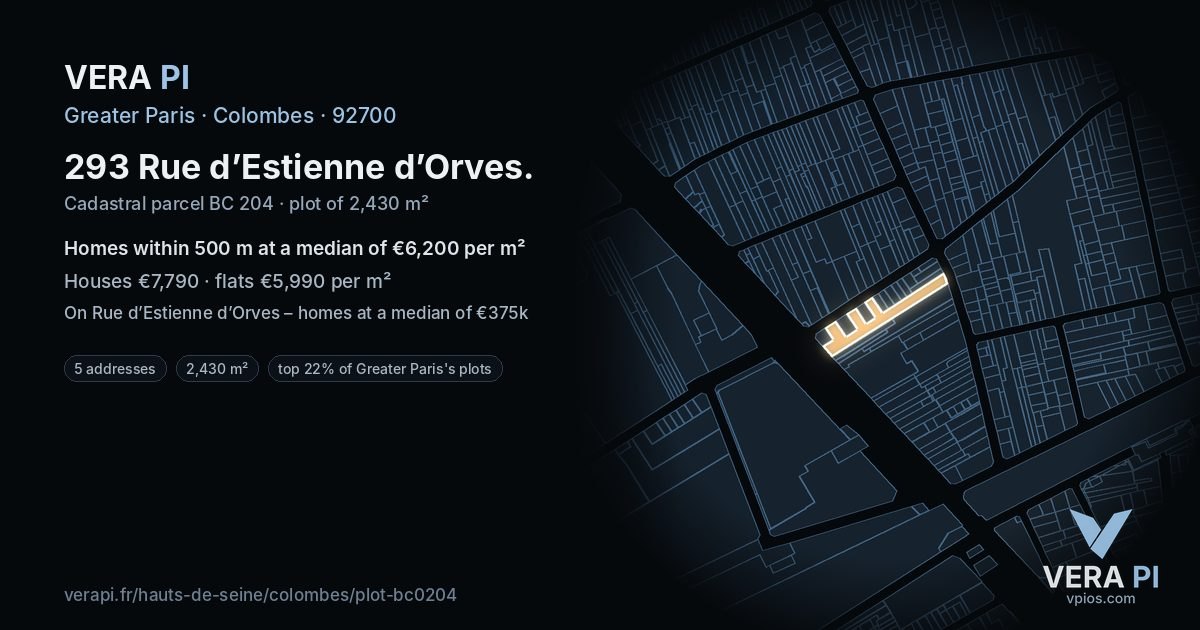 293 Rue d’Estienne d’Orves, Colombes at night – the plot lit, the parcels around coloured by the prices near them