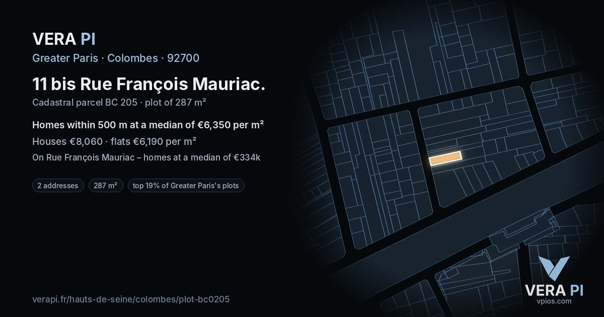 11 bis Rue François Mauriac, Colombes at night – the plot lit, the parcels around coloured by the prices near them