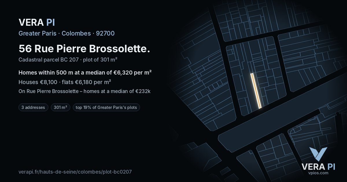 56 Rue Pierre Brossolette, Colombes at night – the plot lit, the parcels around coloured by the prices near them