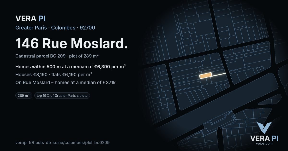 146 Rue Moslard, Colombes at night – the plot lit, the parcels around coloured by the prices near them